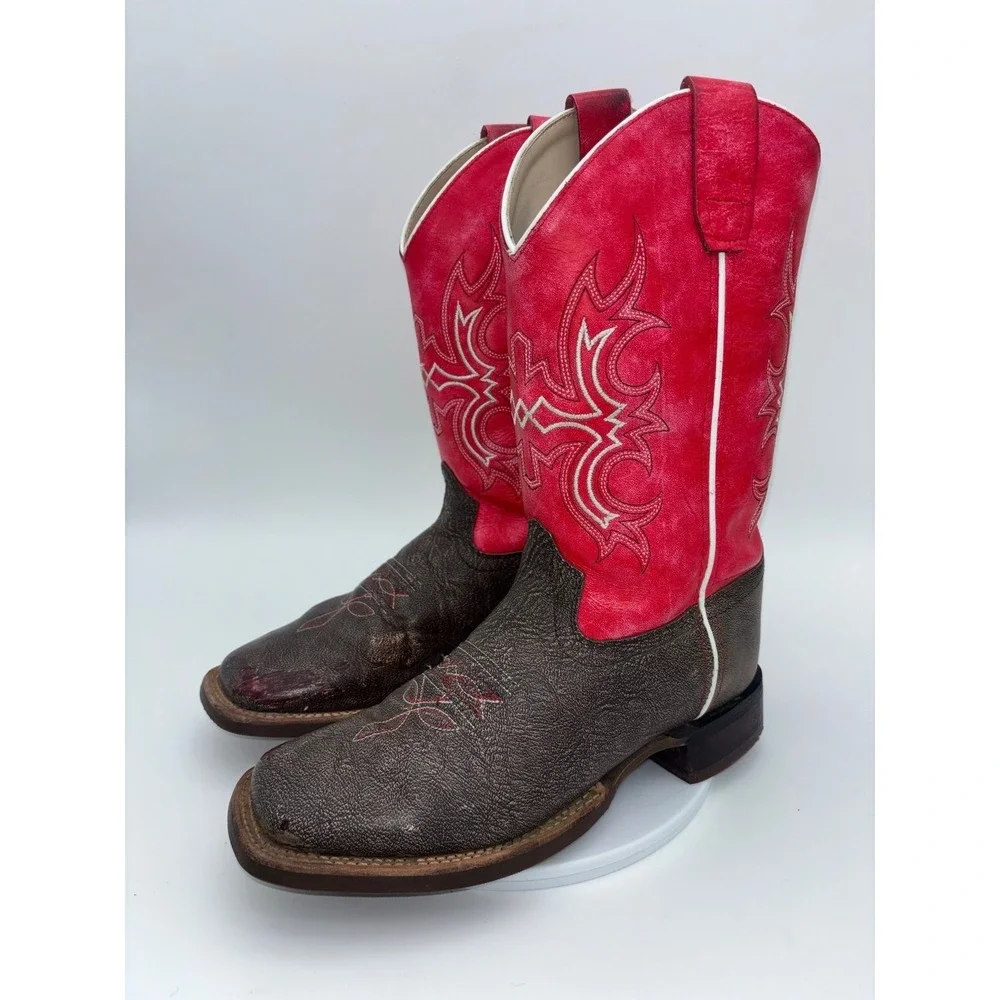 OLD WEST Red Cowboy Boot Western Square Toe Leather Brown‎ Boy Kids Girl Youth 6